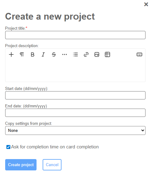 A screenshot of the Create project dialog window