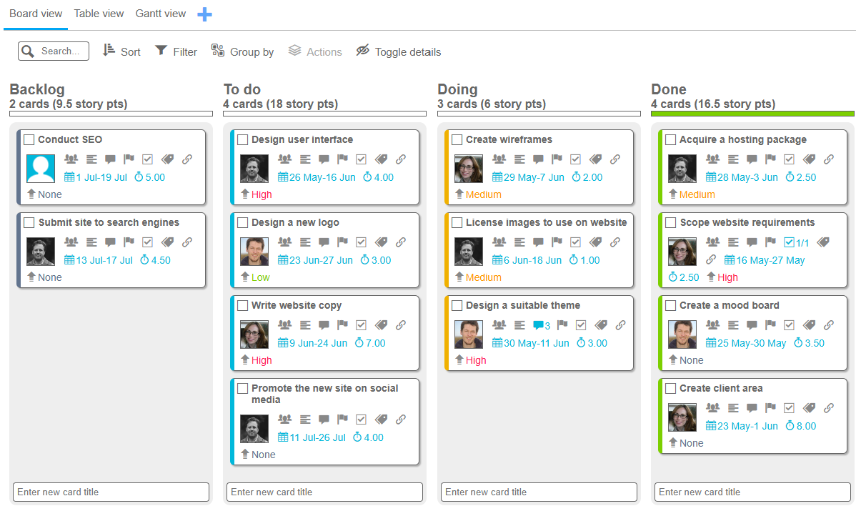 A screenshot of the default Board view in Singular