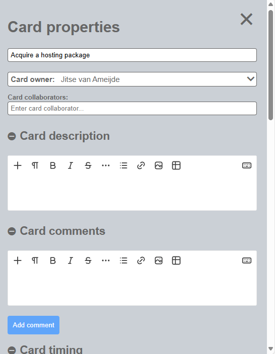 Screenhot of the Singular card panel