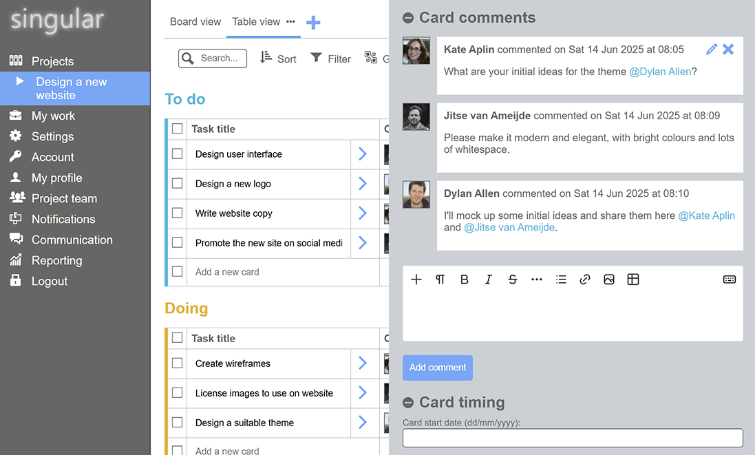 A screenshot of Singular's on-card chat