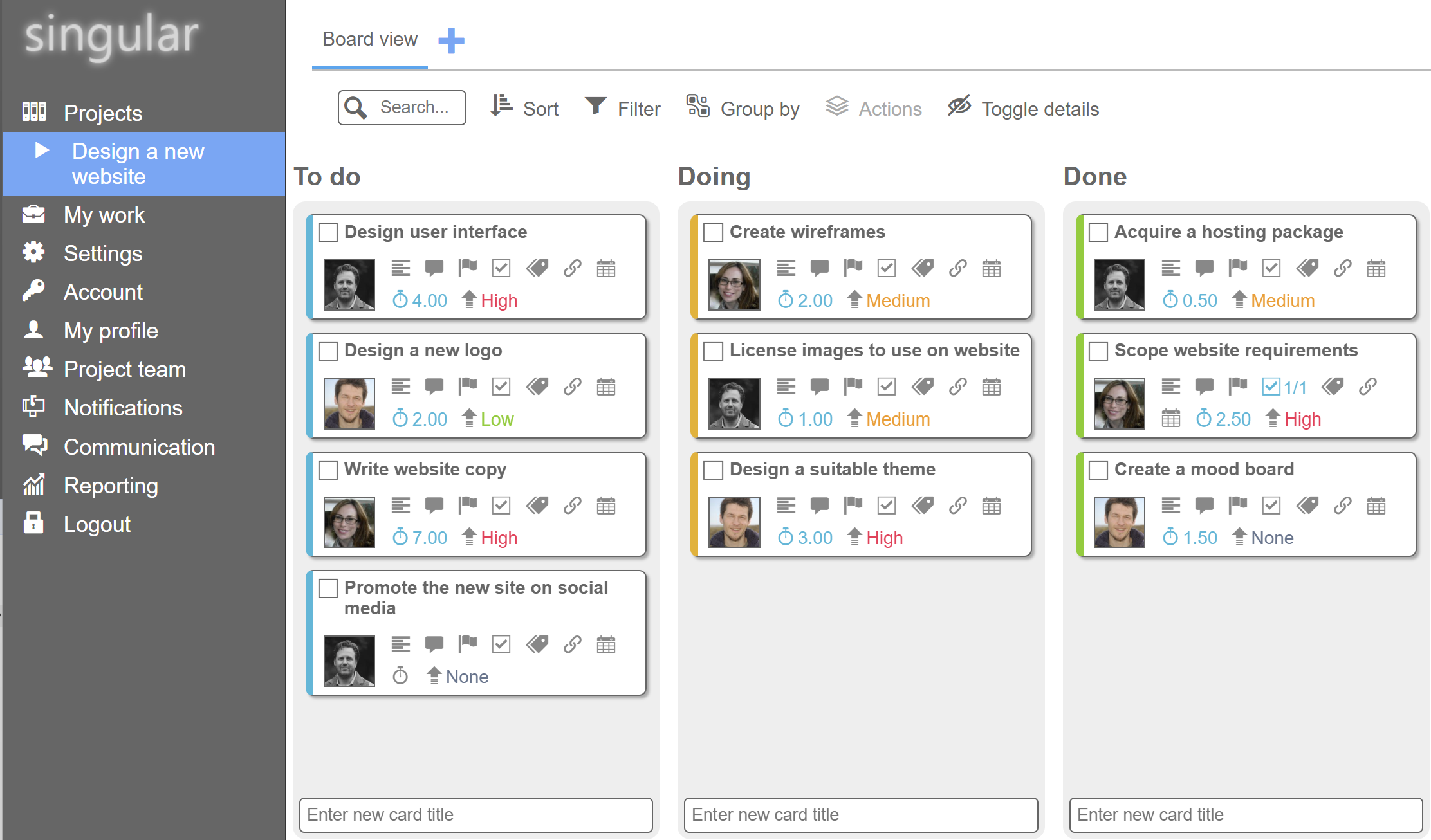 A screenshot of the Singular User Interface